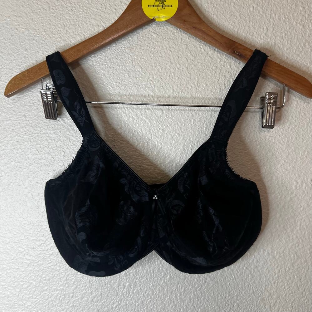 Wacoal 85567 black satin unlined wired floral jacquard bra 34DDD glam